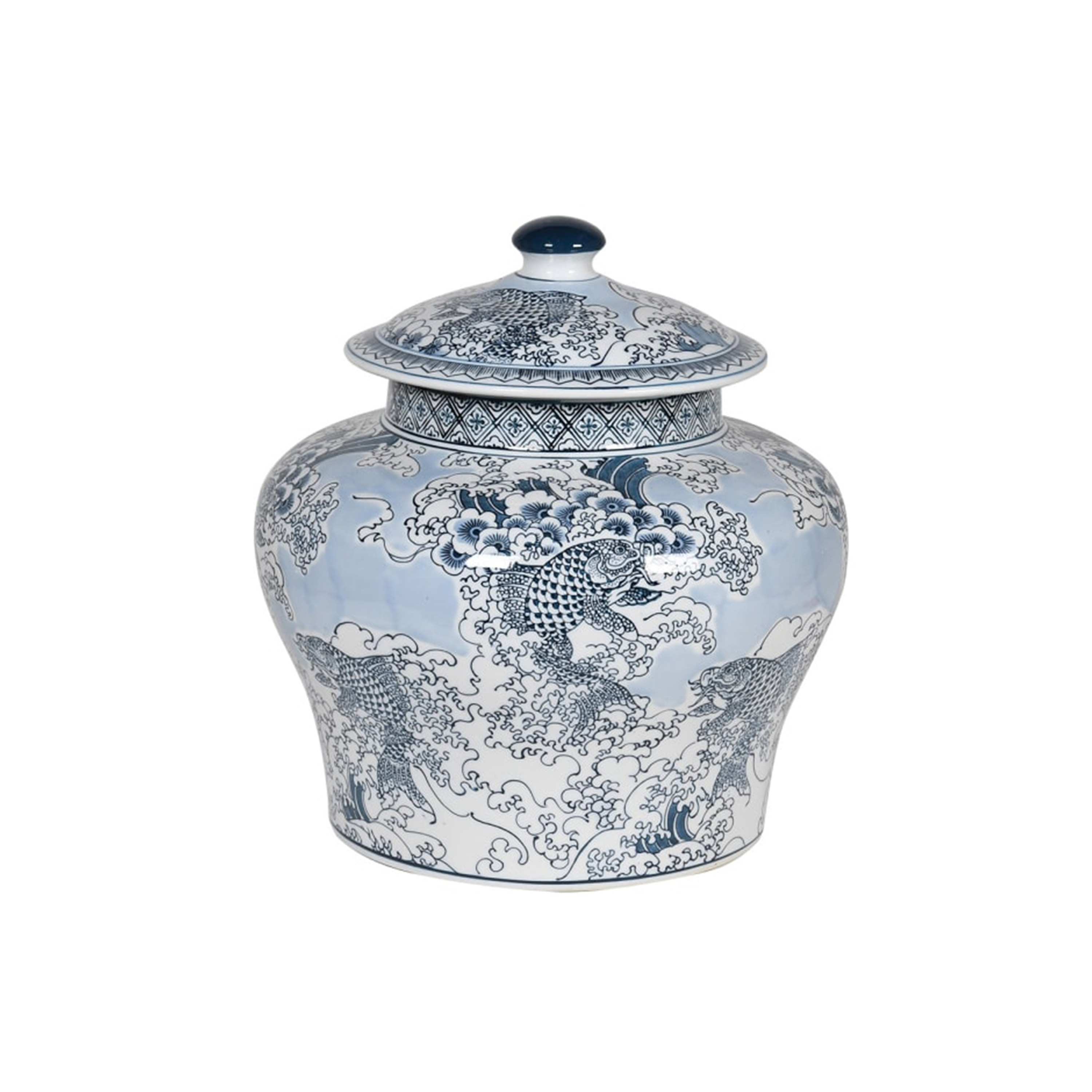 Blue and White Chinese Carp Lidded Jar